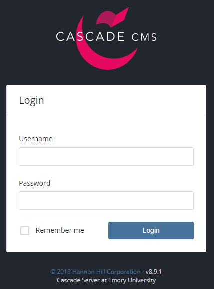 Cascade log in screen